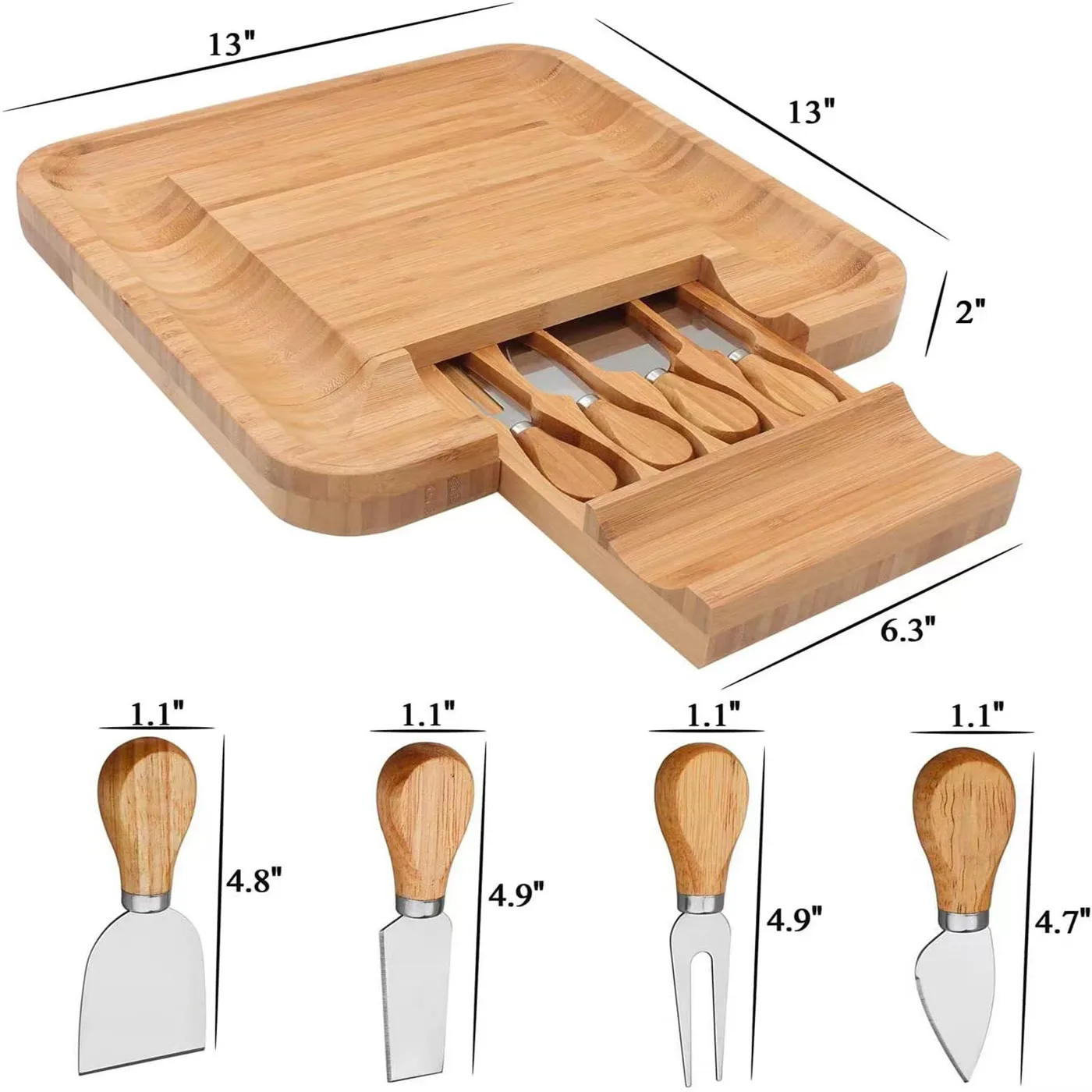 Unique Square Bamboo Cheese Board and Knife Set Serving Tray Multifunction Charcuterie Platter for Crackers Meat