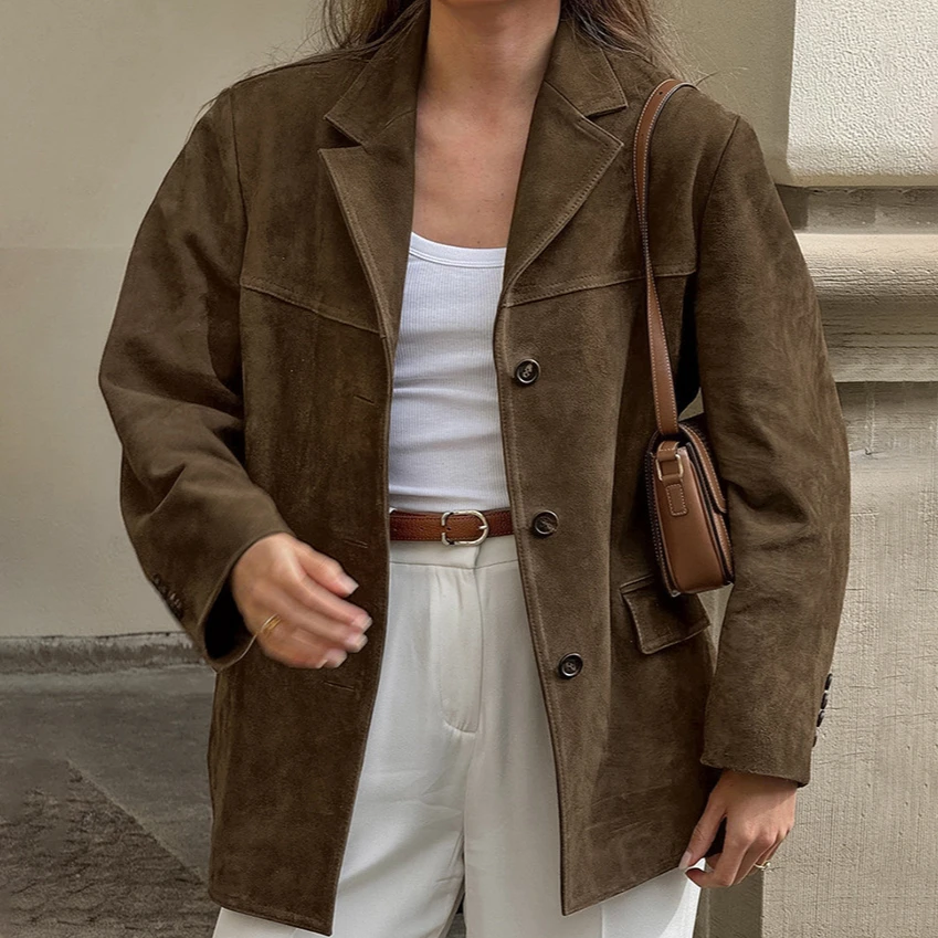 2024 Fashion Brown Lapel with Pocket Jacket Office Lady Autumn Single Breasted Long Sleeve Outwear Woman Casual Suede Short Coat