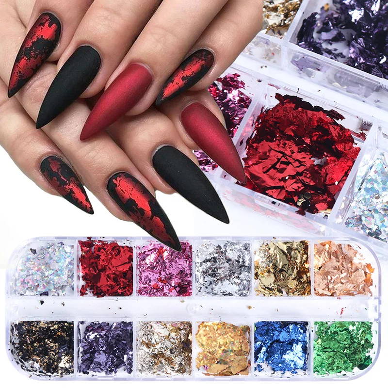 12 Grid Paillette Aluminum Irregular Gold Nail Foil Paper Sequins Pigment Nail Art Decoration Glitter Diy Nail Accessories