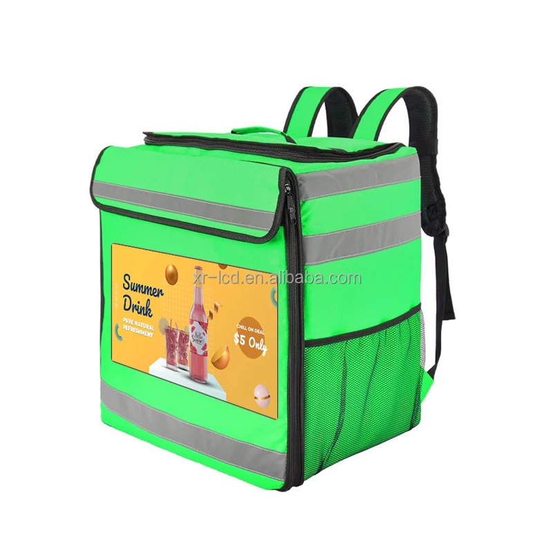 Customizable 17 18.5 inch LCD motorcycle food delivery bag insulated backpack advertising display screen food delivery box