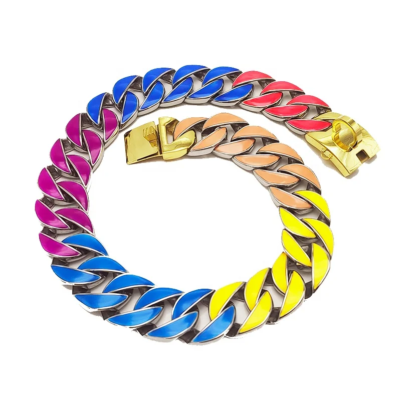 New Hot Sale Luxury Gold Stainless Steel Pet Collar 32mm Colourful Glowing Cuban Chain Metal Dog Collar For Bulldogs
