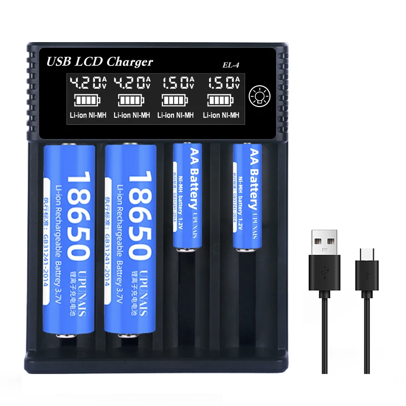 Multi-Functional USB LCD Battery Charger Type-C Port 4-Slot Fast Charger for Li-ion and Ni-MH Batteries 18650 AAA AA Charger
