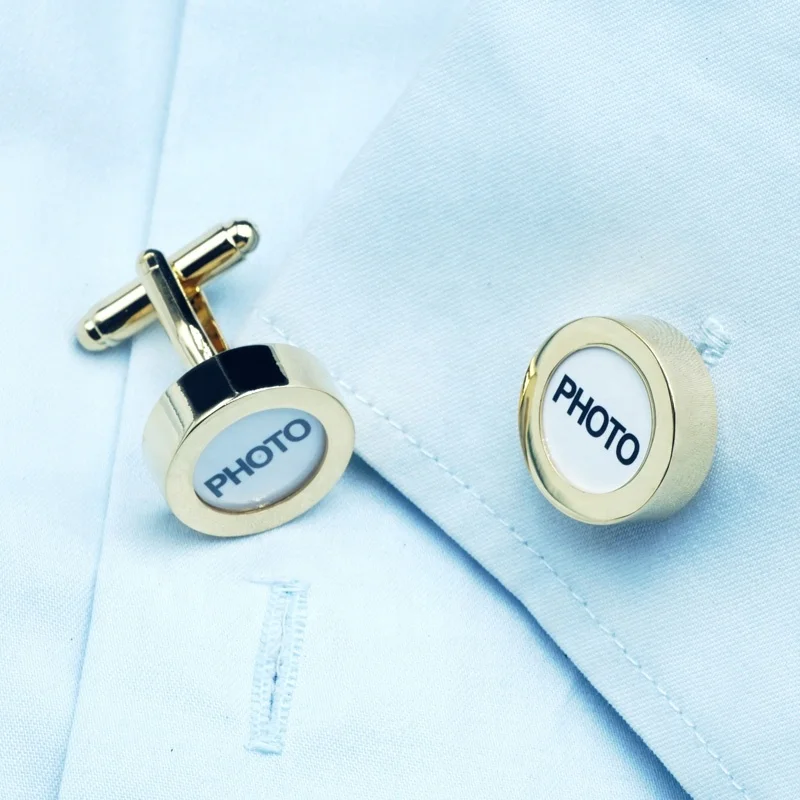Wholesale High Quality Photo Cufflink Clip Set Gold Plated Custom Logo Man Button Photo Holder Display Cufflink for French Shirt