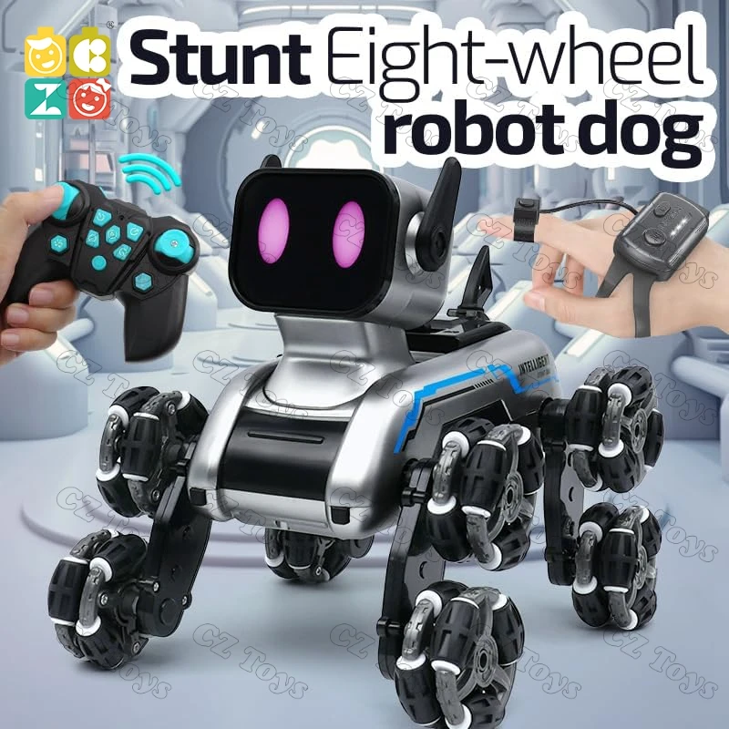 Amazoms Hot Sale CZ RC Robot Dog 18mins Play Time Light up Music 8 Wheels Model RC Stunt Car Robot Dog Toys Remote Control Car