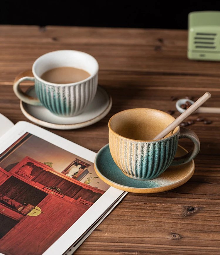 Japanese Retro Handmade Espresso Cup And Saucer Ceramic Set 220ml Striped Coffee Cup With Spoon And Saucer Set