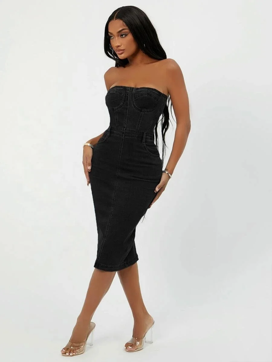 New Women Split Hem Tube Denim Bodycon Dress Ladies Jeans Dresses