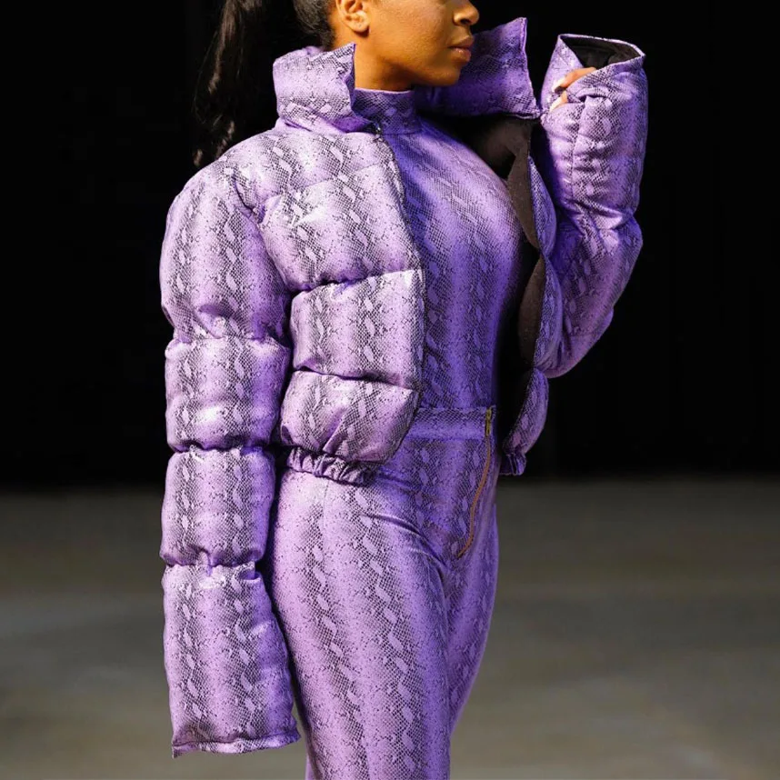 
Wholesale Purple Snake Print Crop Puffer Jacket Womens Goose Down Jacket Padded Puffer Jacket 