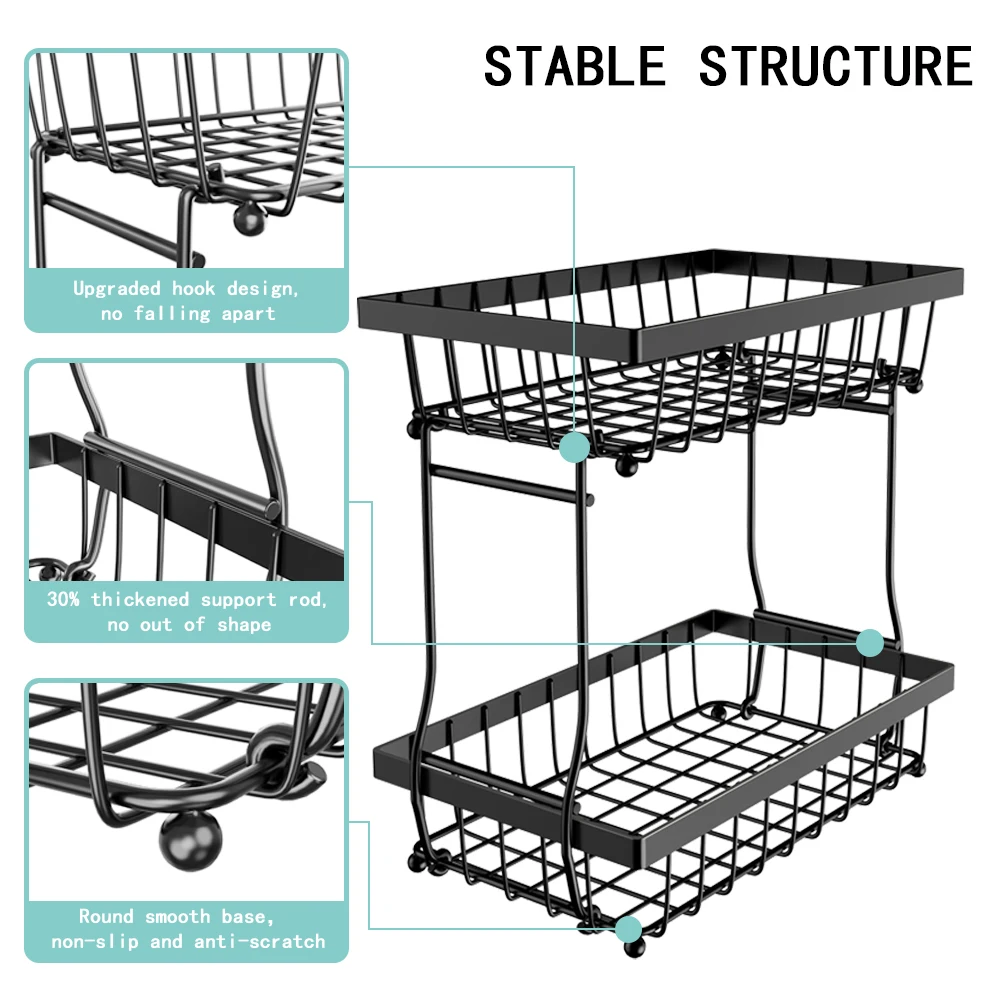 2-Tier Detachable Metal Wire Storage Rack Kitchen Fruit Basket Stand Vegetable Organizer Baskets Living Room Snack Storage Hold