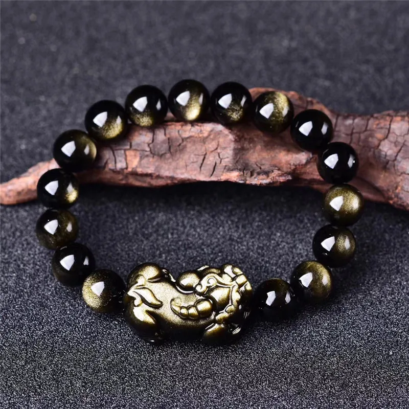 Natural Mexican obsidian gold obsidian pixiu Fu pig hand leather hill Buddha beads crystal bracelet