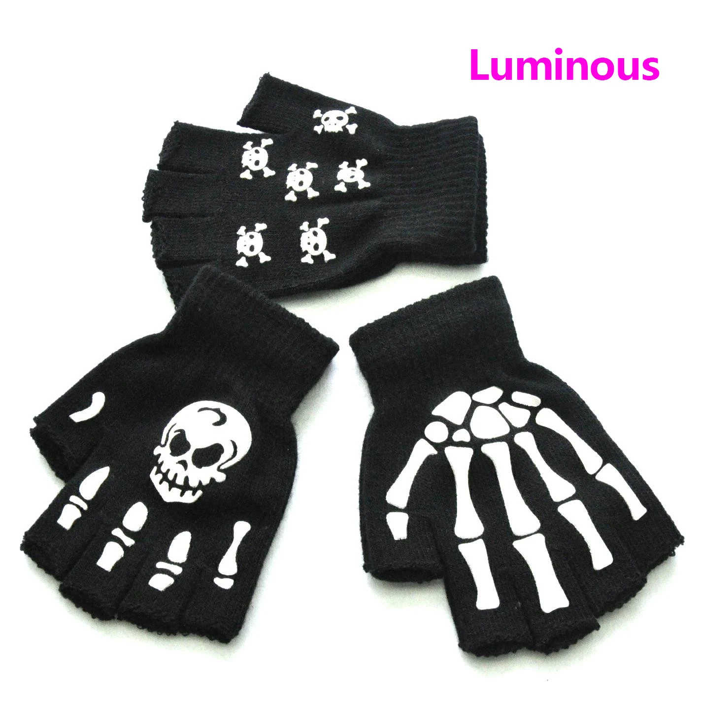 Adults Kids Halloween Skeleton Printing Luminous Gloves Stretch Knitted Gloves Halloween Accessories