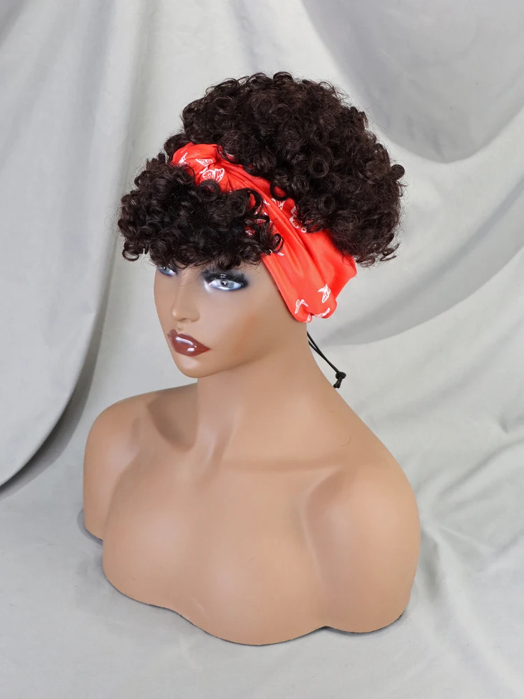 Brazilian Virgin Afro Wig With Headband Glueless Short Bob Wig For Black Women Machine Made Non Lace Pixie Curly Human Hair Wig