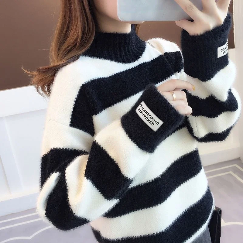 Hot Sales Colorblock Mink Velvet Sweater Pullover Women custom Winter Clothes Half Turtleneck sweater wholesale