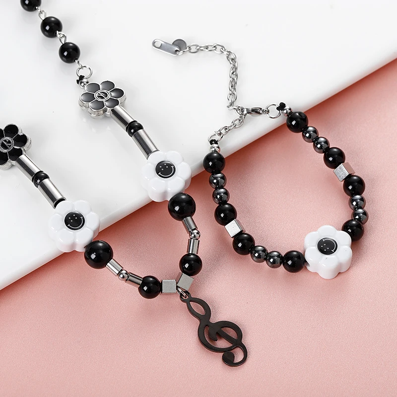 Stainless Beads Music Pendant Pearl Smile Necklace Hiphop Fashion Necklace SS002