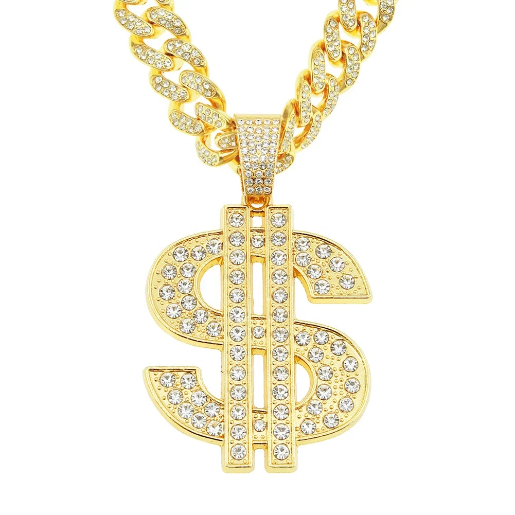 Iced Out Big Cuban Chain Jewelry Hip Hop Alloy With Rhinestone USD Dollar Symbol Pendant Necklace