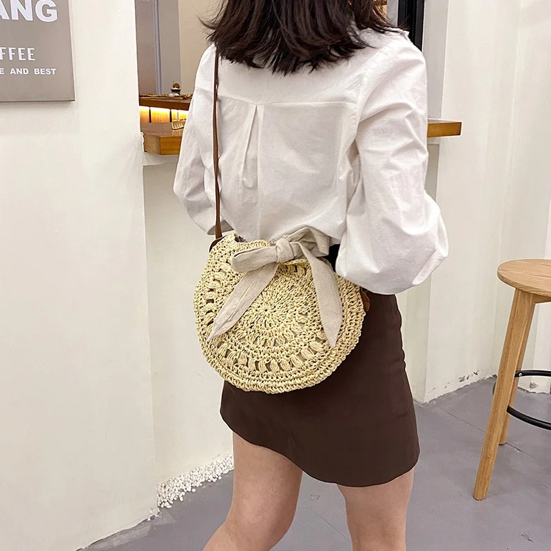 Cute bow crossbody woven handmade crochet round beach bag
