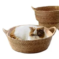 Hand Made Rattan Round Bed with Soft Cushion for Cats or Small Dogs Rattan Cat Bed