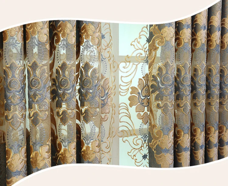Wholesale European Style Drapes Luxury Cloth Curtains with Flower Embroidery for Living Room Bedroom Villa