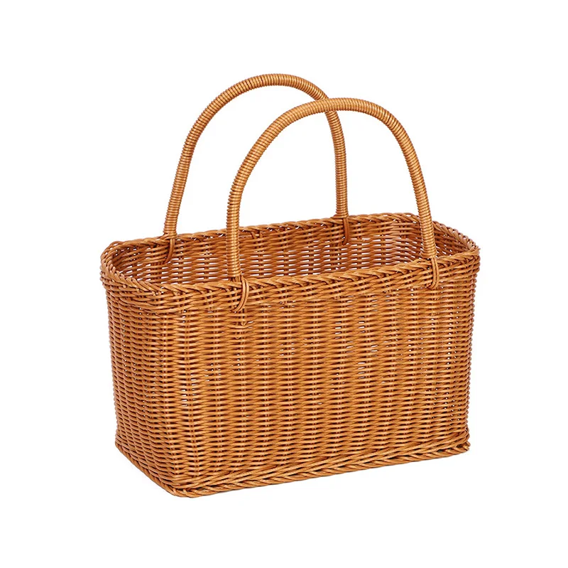 Hand Woven Plastic PP Rattan Picnic Basket Rattan Shopping Basket Bag Flower Fruit Vegetable Basket with Handle