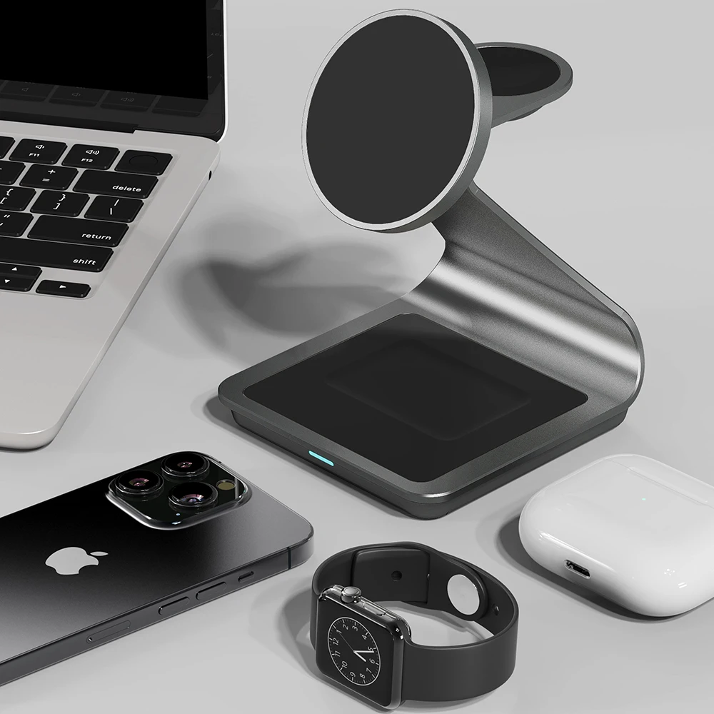 Металлическое Беспроводное зарядное устройство Qi для iPhone 14/12/13 Pro Max/Apple Watch/AirPods 30 Вт магнитное 3