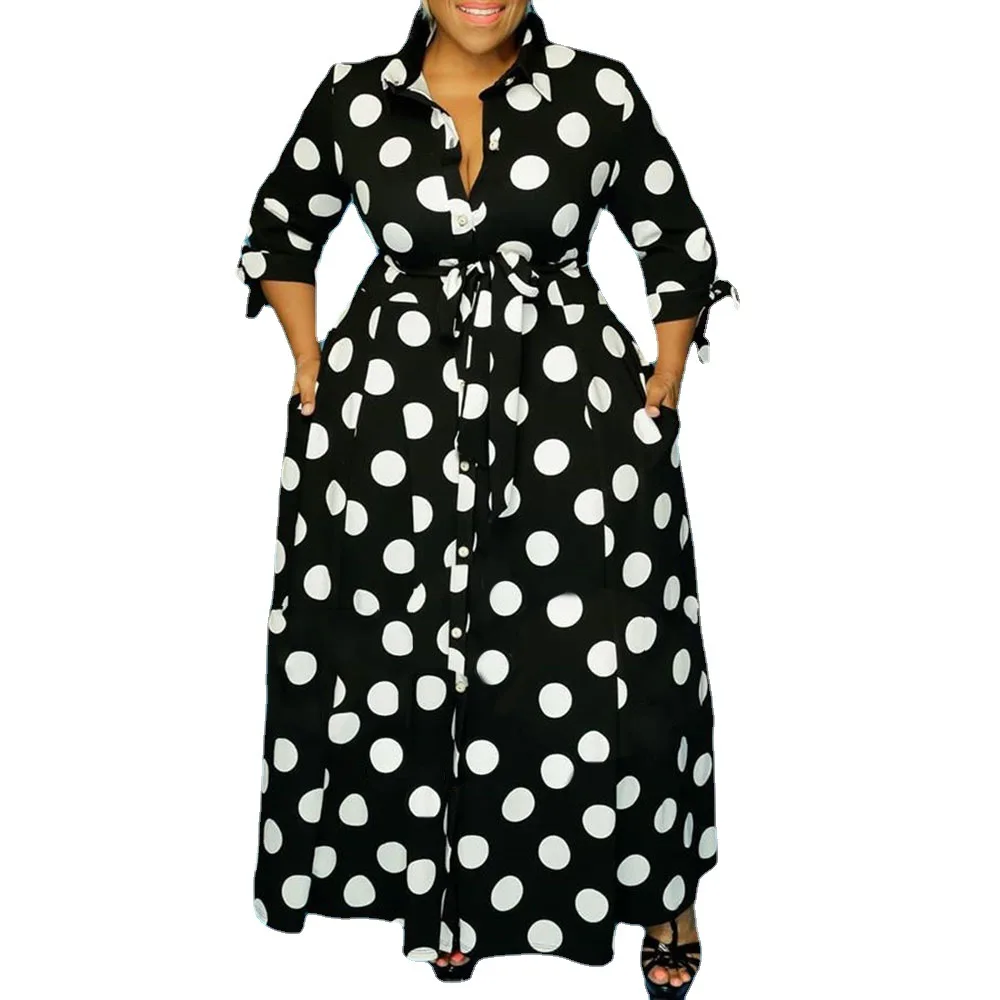 Summer Polka Dot Printed Vintage Sashes African Women Office Career Dress