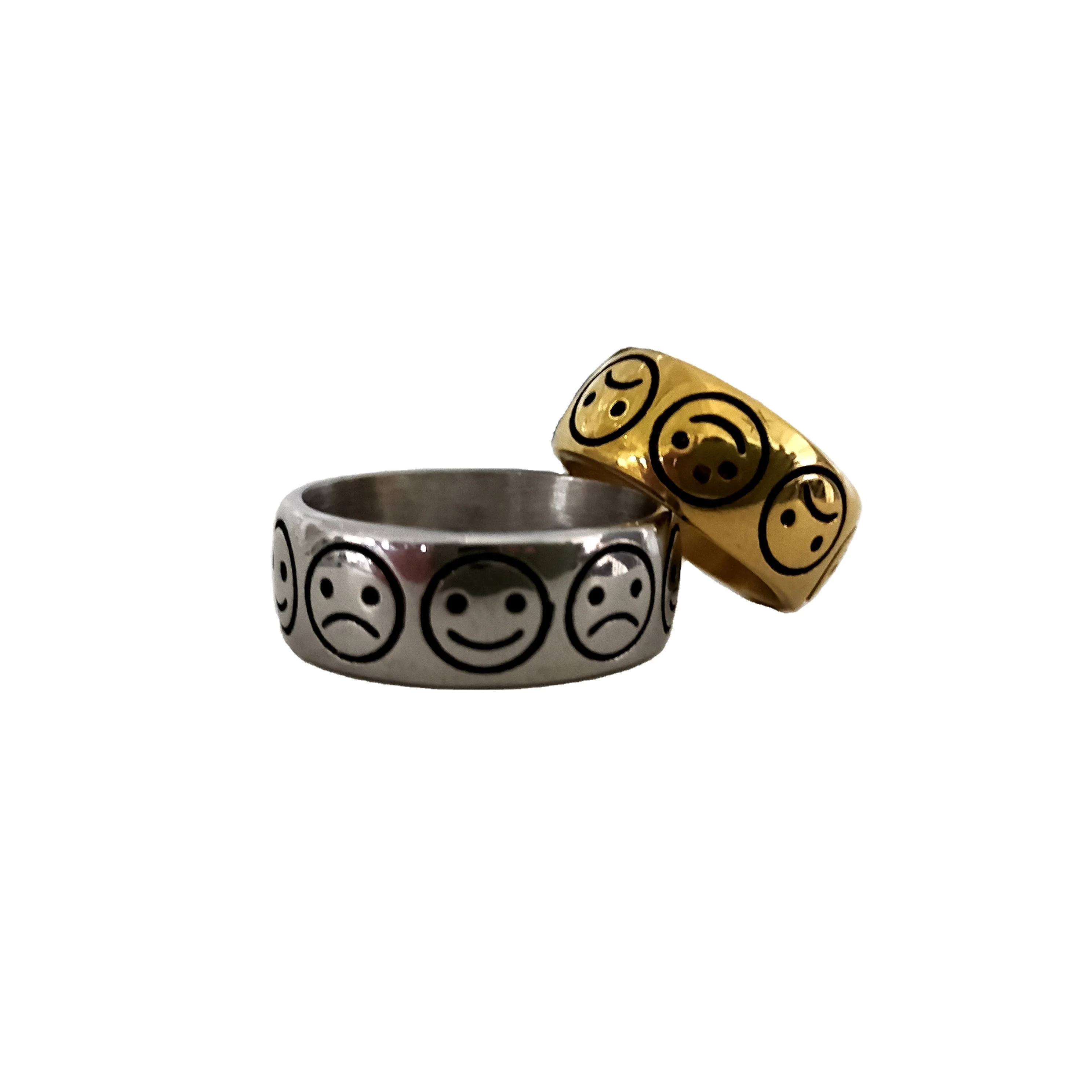 
QY Design Classical Style Steel Gold Plated Band Rings For Happy & Sorrowful Face 