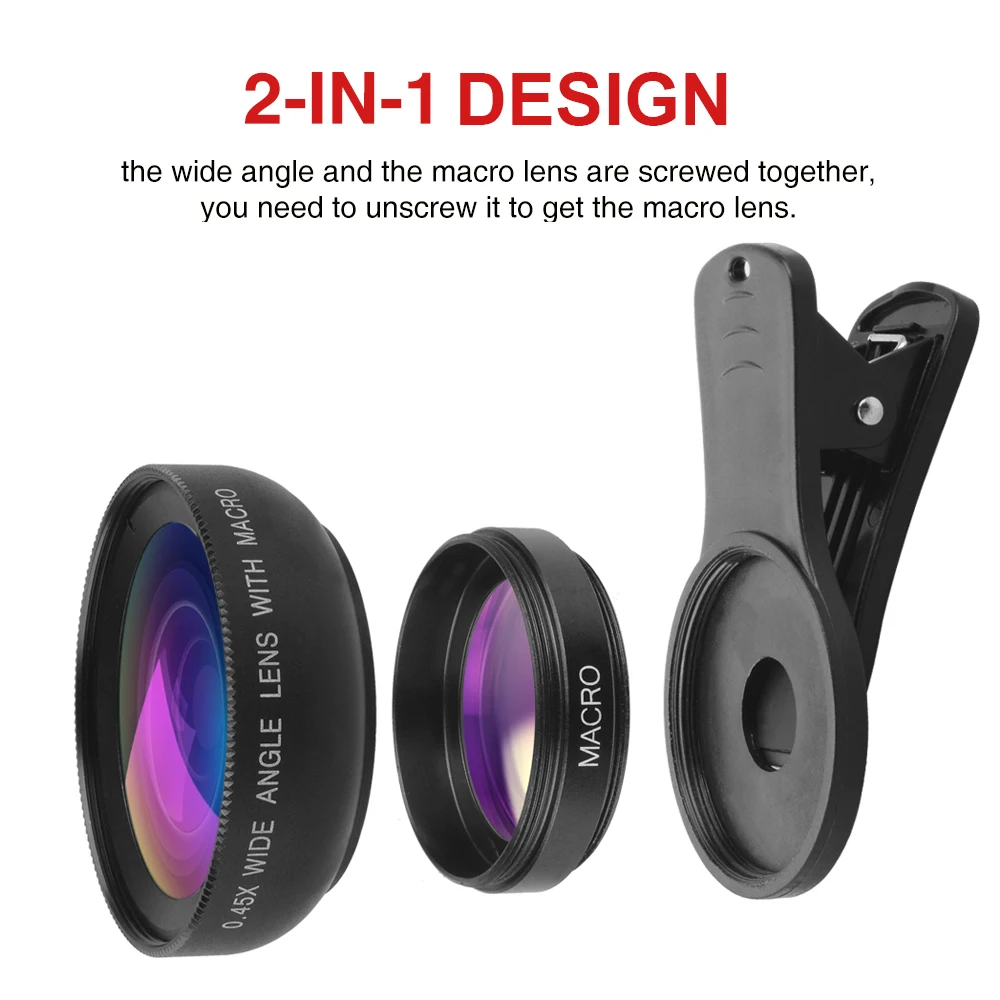 APEXEL 0.45X Wide Angle Lens 12.5X Macro Lens 2 in 1 Professional HD Cellphone Camera Lens Kit for Phone Android