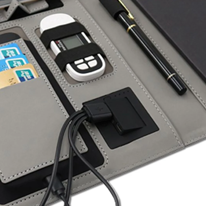 New business gift sets pu leather high quality A5  Powerbank  Notebook 8000mA Wireless Charger Planner with Phone Holder