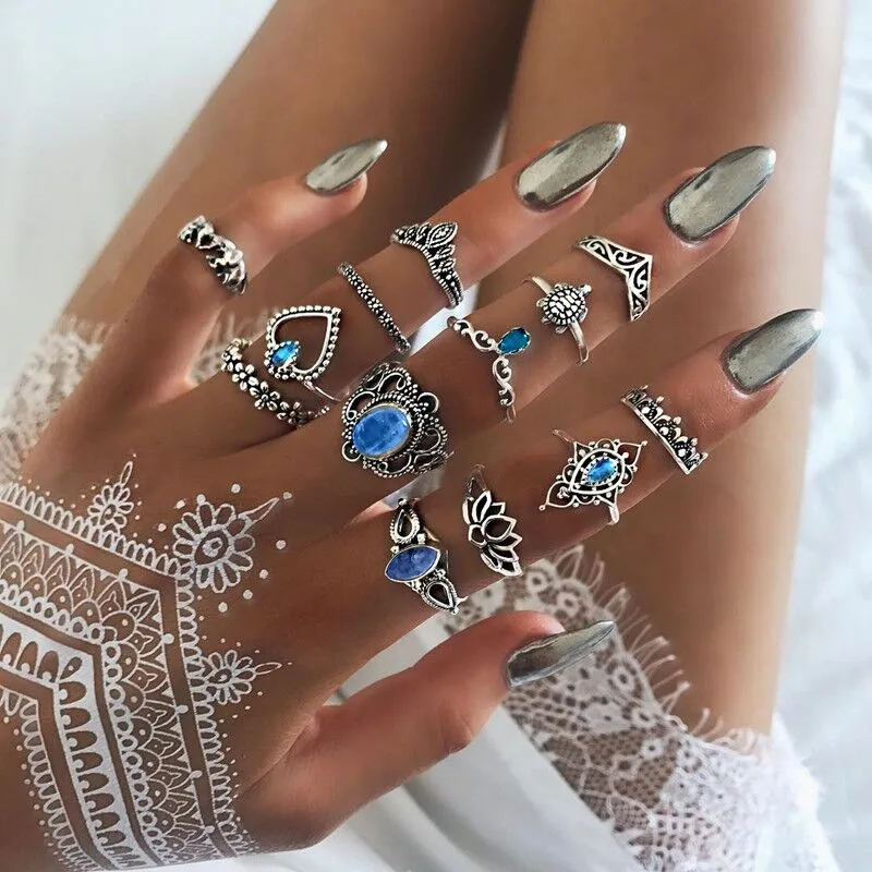 Retro Trend Bohemia Geometry Hollow Lotus Rings With Diamond Set Vintage Stackable Dainty Joint Finger Rings Pack Jewelry Gift