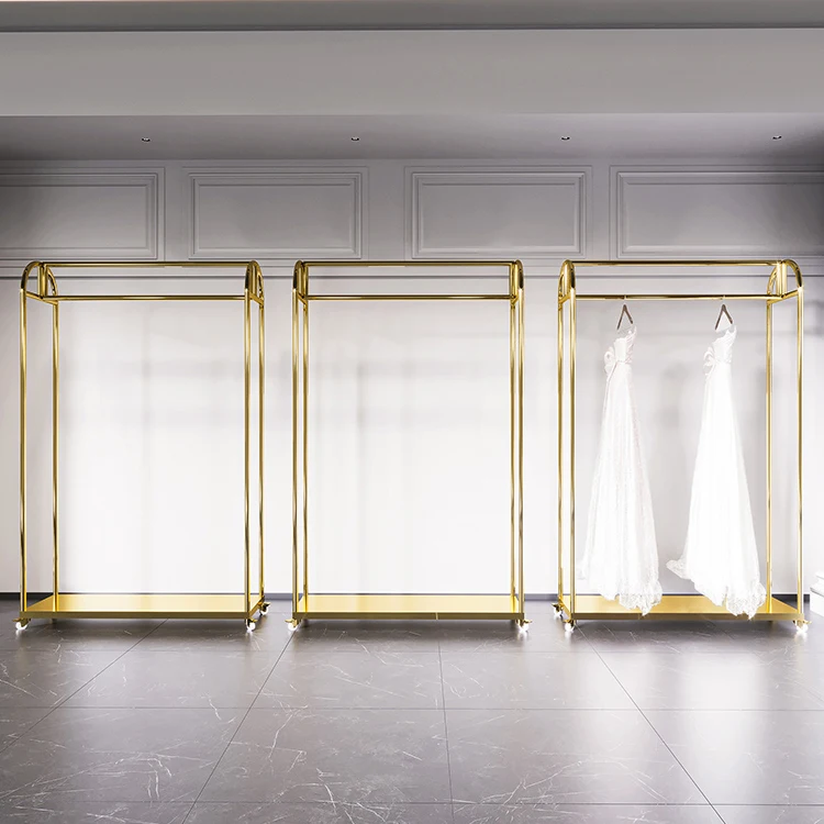 Custom Garment Woman Dress Clothes Shop Display Stand Stainless Steel Shiny Gold CLothing Display Rack for Wedding Dresses Store