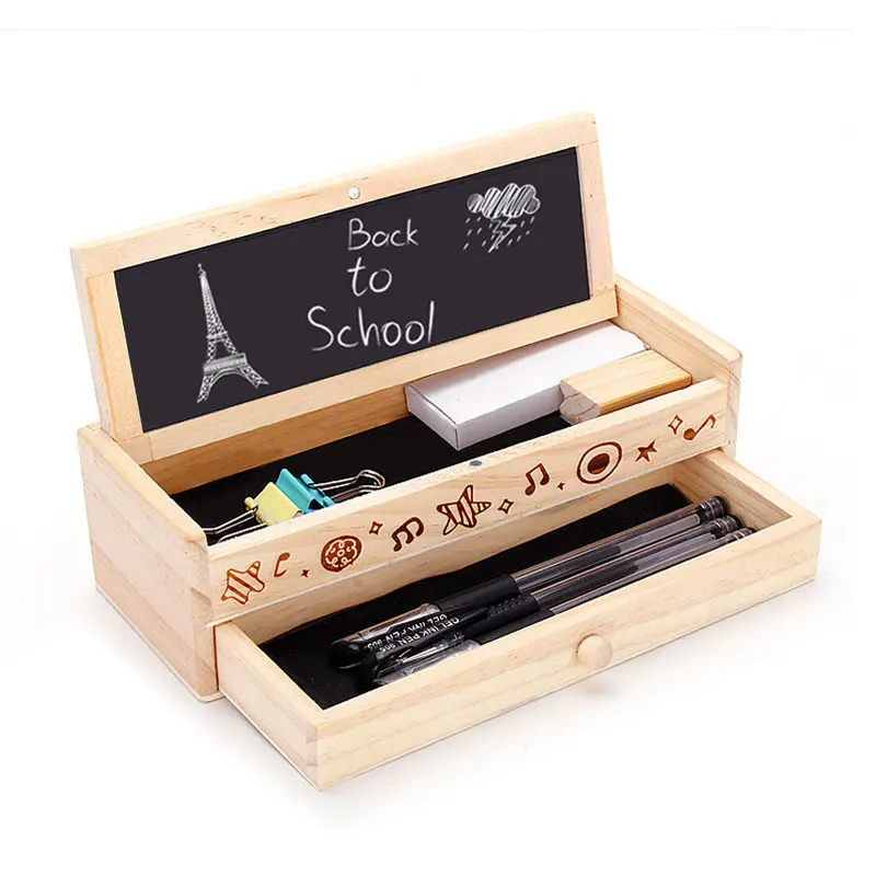 Multi-Functional Back To School Bamboo Pencil Box Double Layer Kids Wooden Pen Box