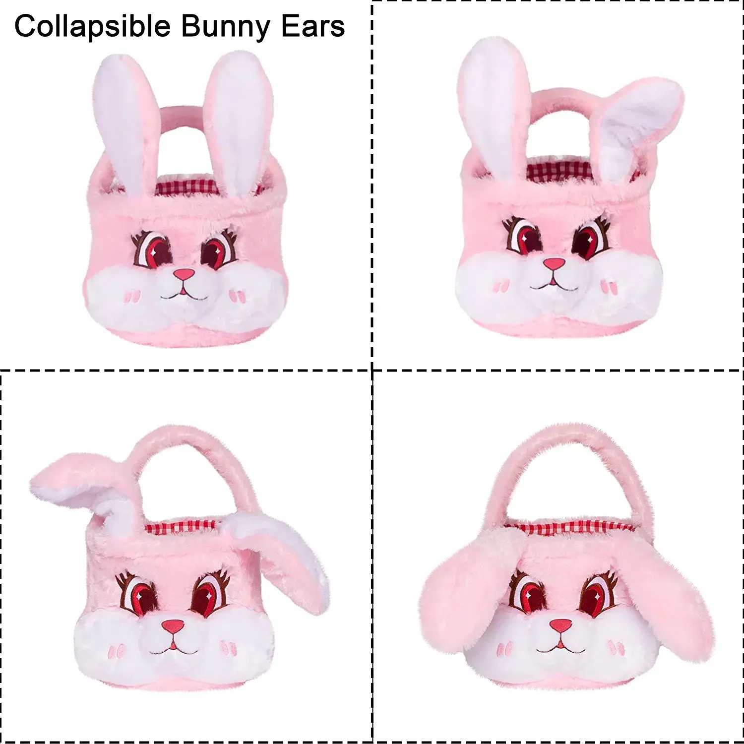 3D Cute Plush Empty Bucket with Foldable Ears and Handle Bunny Easter Basket for Kids Gift Pink