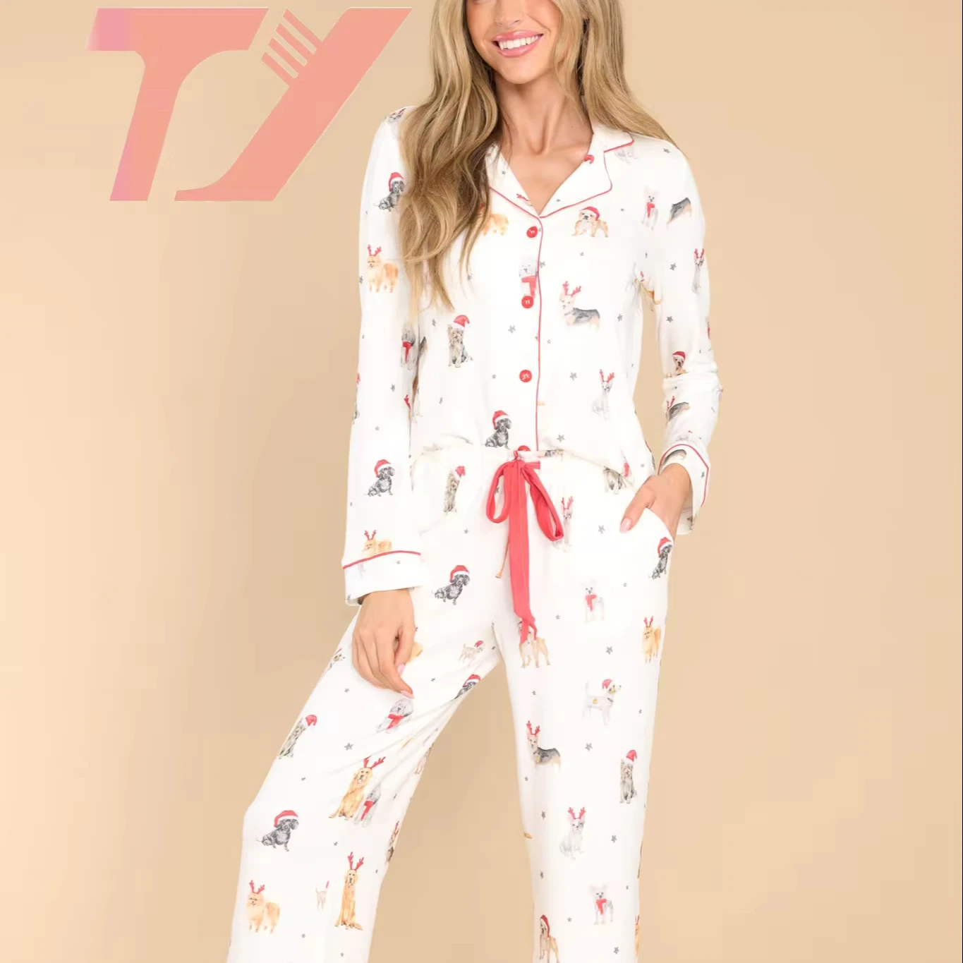 TUOYI Christmas Ladies Button Down Loungewear 2pcs Female Pajamas Set Women Sleepwear Printed Stripe Modal Long PJ Set