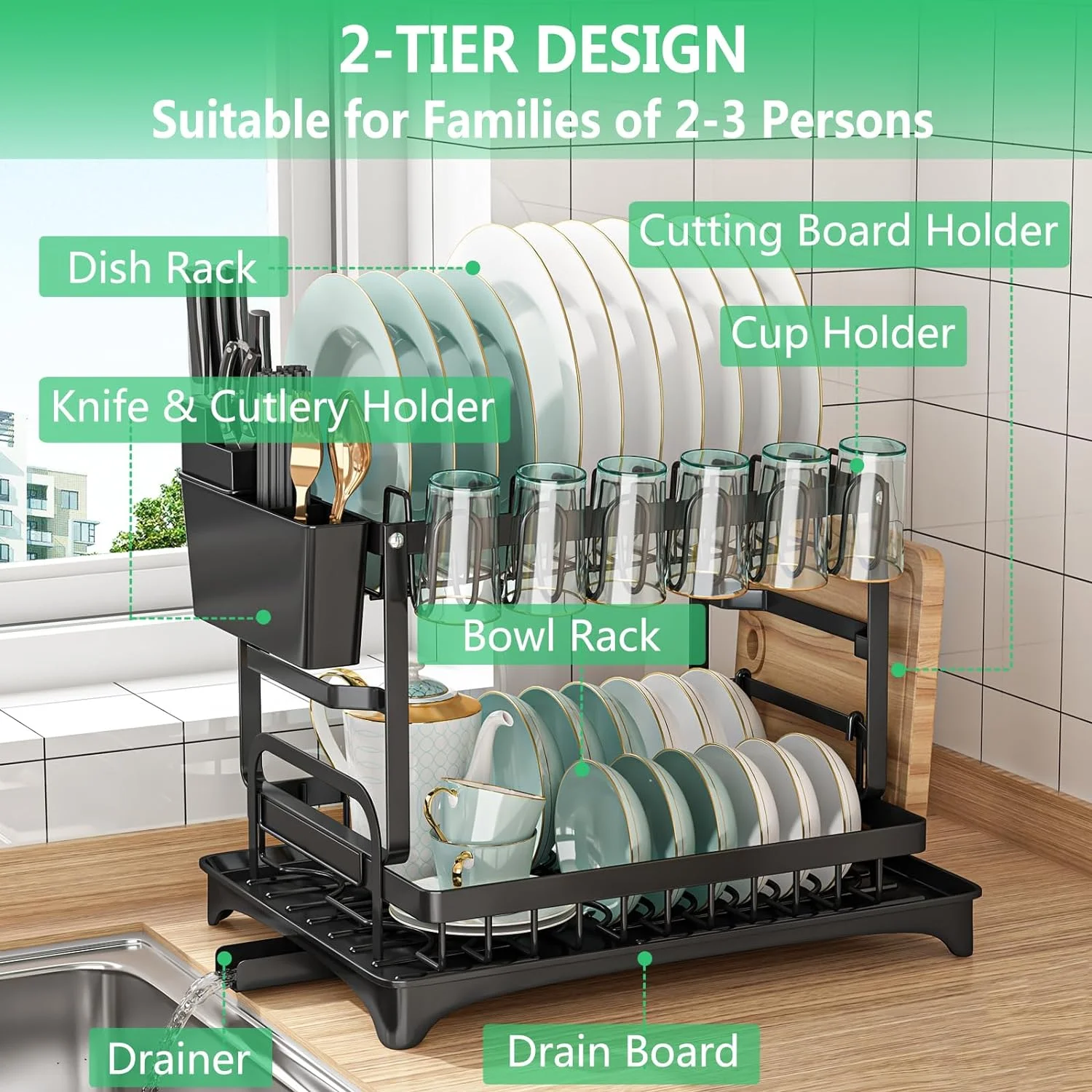 Two-Tier Dish Drying Rack with Cutlery Organizer, Plate Stand, and Removable Water Drip Tray for Compact Kitchens