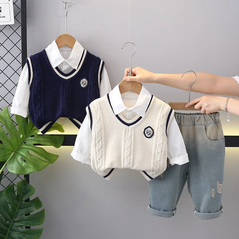 2024 New style toddler boy autumn preppy knit waistcoat solid color shirt and gradient made old denim pants