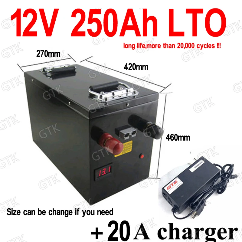 waterproof 12v 250ah LTO battery pack Lithium titanate BMS 5S for Boat RV Solar energy storage caravan inverter RV +20A Charger