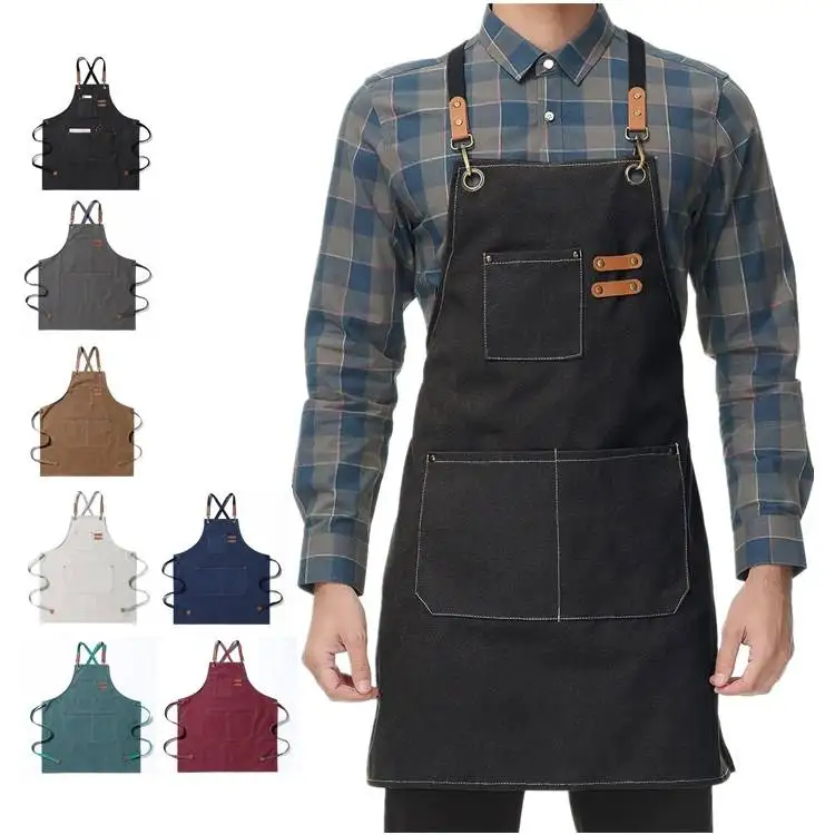 Heavy Duty Coffee Shop Chef Restaurant Work Tool Bib Leather Garden Bbq Uniform Denim Cotton Barber Canvas Aprons