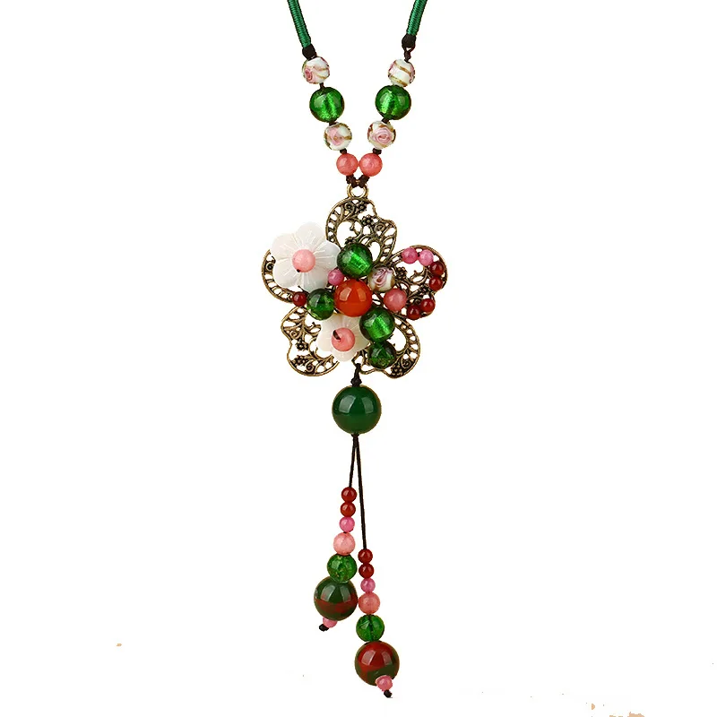 
Autumn and winter new vintage custom sweater chain ethnic style agate alloy flowers long necklace 