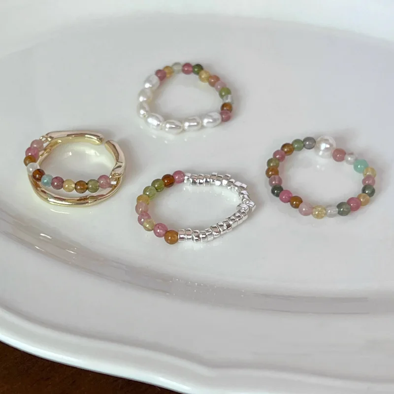 Pearl Enamel Decoration Ring Women Fashion Cute Beaded Hundred Stretch Rope Index Finger Ring