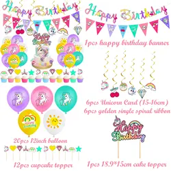 Hot Sale Unicorn Birthday Decoration For Girl Happy Birthday Banner Spiral Set Cartoon Mixed Color Balloons With Cake Topper