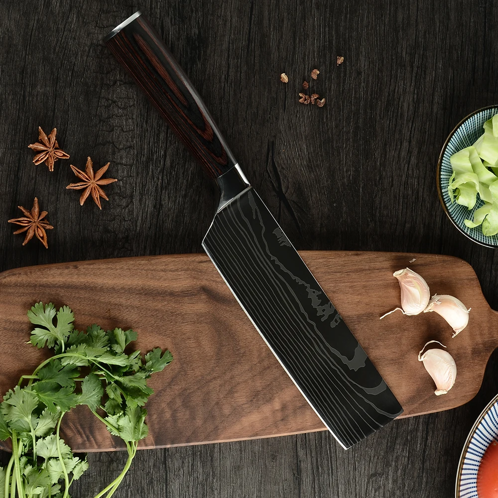 Stainless Steel Kitchen Knives Set Laser Damascus Veins Pakka Wood Handle Paring Santoku Nakiri Slicing Bread Chef Knife Set