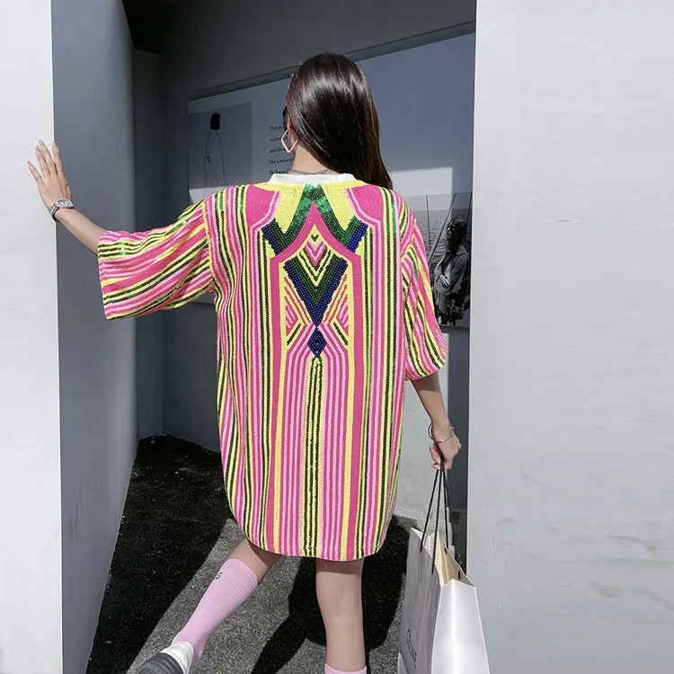 Small number of short sleeved European and American summer new color contrast sequins loose T-shirt