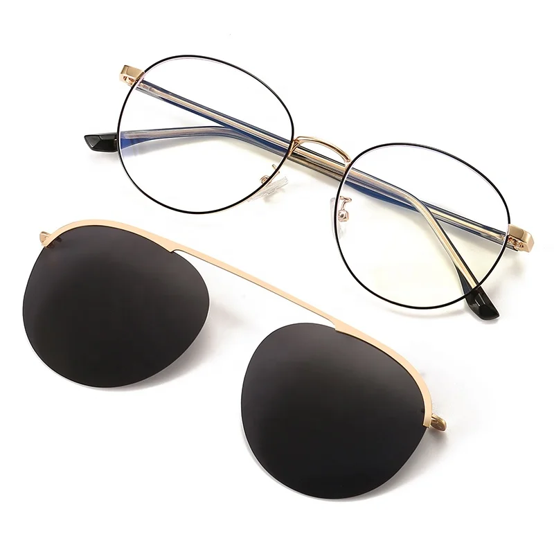 High quality vintage round shape light metal eyeglasses frames with magnetic clip on sunglasses for men women