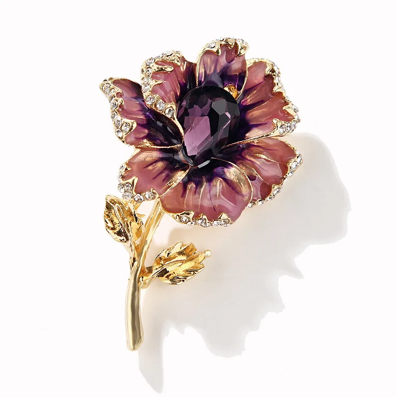 Customized Unisex Cloth Flowers Brooch Trendy Crystal Glass Stone Creative Enameled Purple Flower Brooch Pins For Lady