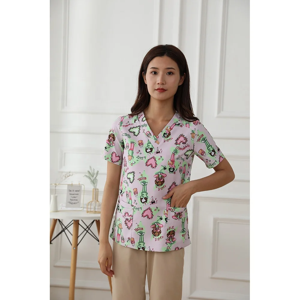 100% Cotton Women Printing Medical Scrub Suit Hospital Medical Scrubs Custom Doctor Uniforms Clinic Dentist Uniform with Logo