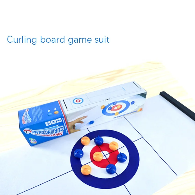 Adults and kids team bowing board game and table top curling game