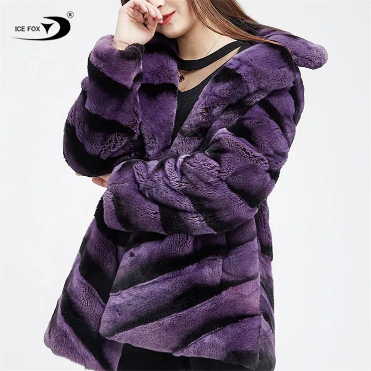 Women Winter Long Rex Rabbit Fur chinchilla fur Coat Modern Black New Rabbit White Striped Fur Coat