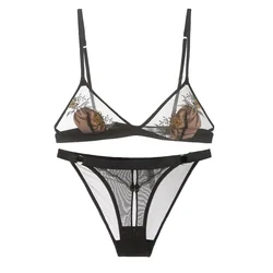 New French Embroidered Triangle Cup Bra Sets No Steel Ring Ladies Sexy See Through Bra and Panties Set