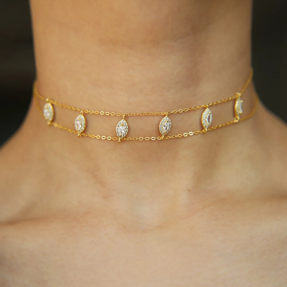 100% 925 Sterling Silver Sparking CZ Wedding Engagement Jewelry Marquise CZ Double Chain Women Choker Necklace