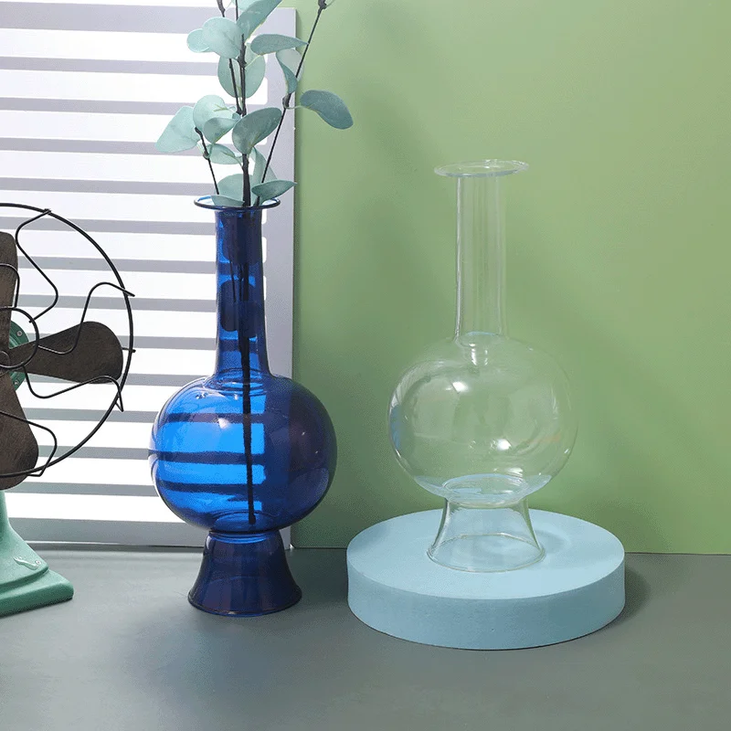 56H Retro blue vase hydroponic glass vase classical Chinese flower arrangement glass vase