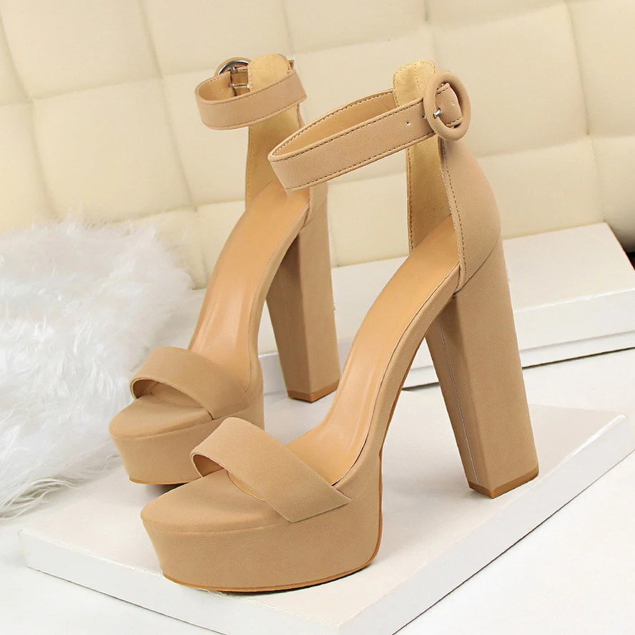 BUSY GIRL DS3007 Fashion Thick High-Heeled Suede Open Toe One Strap Sexy Shoes Women Platform Chunky Sandals